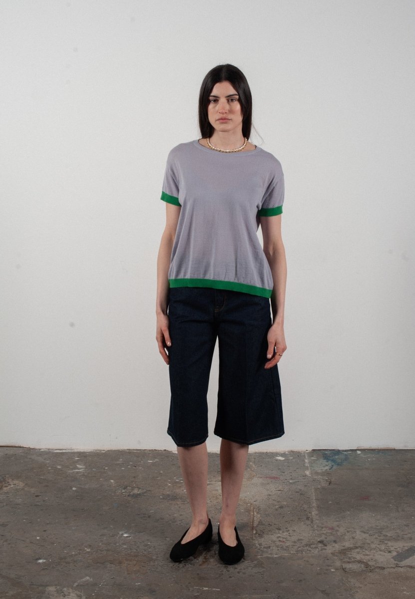 T-shirt col rond manches courtes femme en cachemire & laine ultrafin lavande & vert - KELLY 1