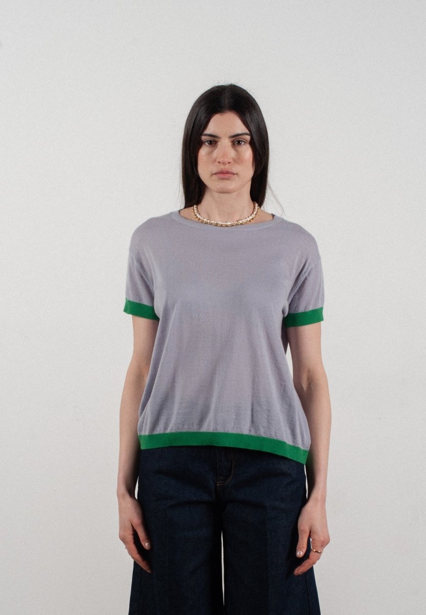 T-shirt col rond manches courtes femme en cachemire & laine ultrafin lavande & vert - KELLY 1