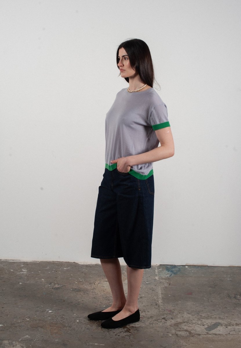 T-shirt col rond manches courtes femme en cachemire & laine ultrafin lavande & vert - KELLY 1